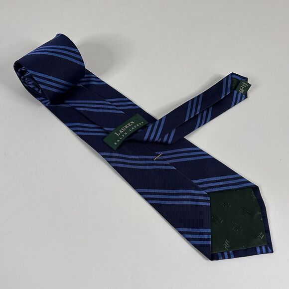 LRL Ralph Lauren 100% Silk Necktie Tie Striped Navy Blue 3 3/4 x 57 - Picture 2 of 3
